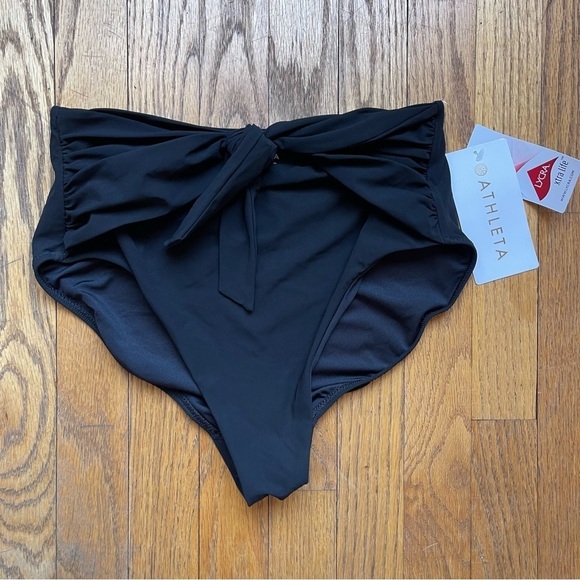 NEW Athleta Shirred Tie High Rise Bikini Bottom Black 530903 Small NWT - Picture 3 of 6